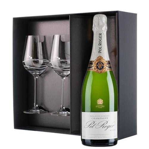 Pol Roger Brut Reserve Champagne 75cl And Diamante Venezia Glasses Gift Box Set